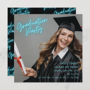 Graduierungsparty Türkis Neon Moderne Einladung