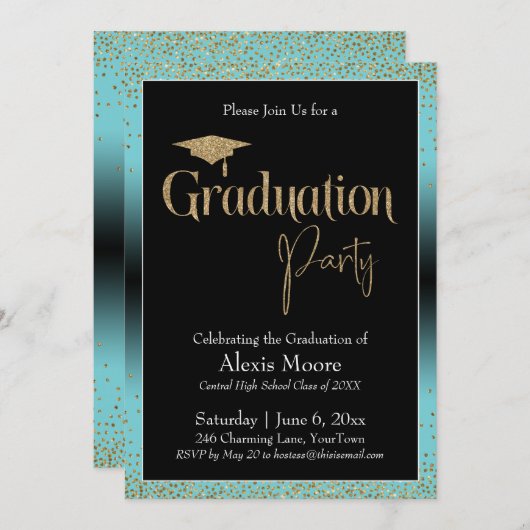 Graduierungsparty Türkis Ombre Confetti Einladung (Vorne/Hinten)