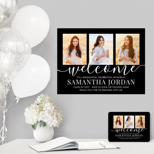 Graduierungsparty Willkommen 3 Foto Collage Schwar Poster