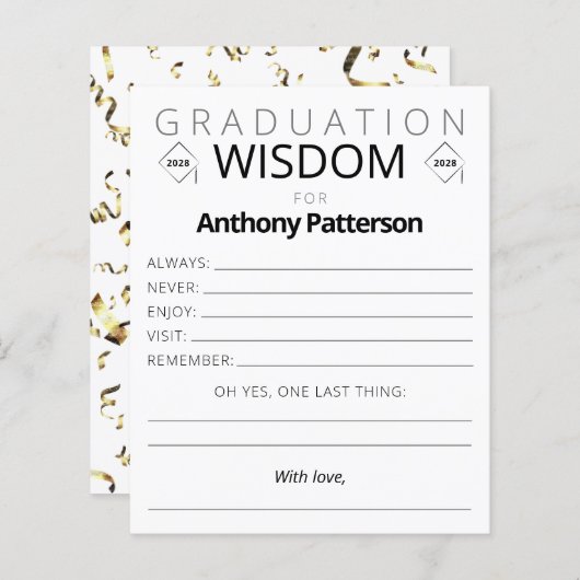Graduierungsparty Wisdom Card Gold Confetti Gäste (Vorne/Hinten)