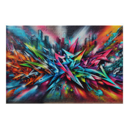 Graffiti auf Ziegelwand mit Skyline Streetart Poster