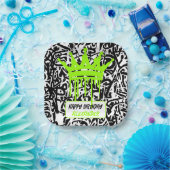 Graffiti Crown Black Green Happy Birthday Pappteller (Party)