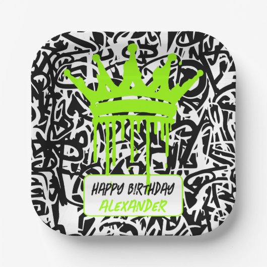 Graffiti Crown Black Green Happy Birthday Pappteller (Vorderseite)