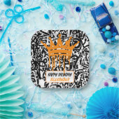 Graffiti Crown Black Orange Happy Birthday Pappteller (Party)