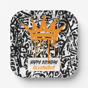 Graffiti Crown Black Orange Happy Birthday Pappteller