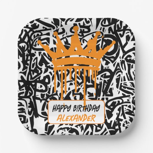 Graffiti Crown Black Orange Happy Birthday Pappteller (Vorderseite)