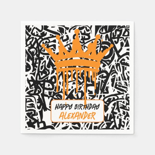 Graffiti Crown Black Orange Happy Birthday Serviette (Vorderseite)