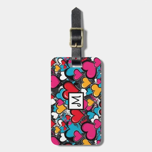 Graffiti Hearts Colorful Street Art Monogrammed Gepäckanhänger (Vorderseite vertikal)