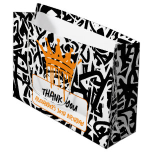 Graffiti-Krone Orange-Schwarz Geburtstag Danke Große Geschenktüte