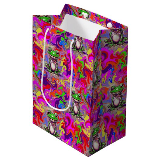 Graffiti-Kunst psychedelische Frösche farbenfrohe Mittlere Geschenktüte (Vorderseite Schrägansicht)