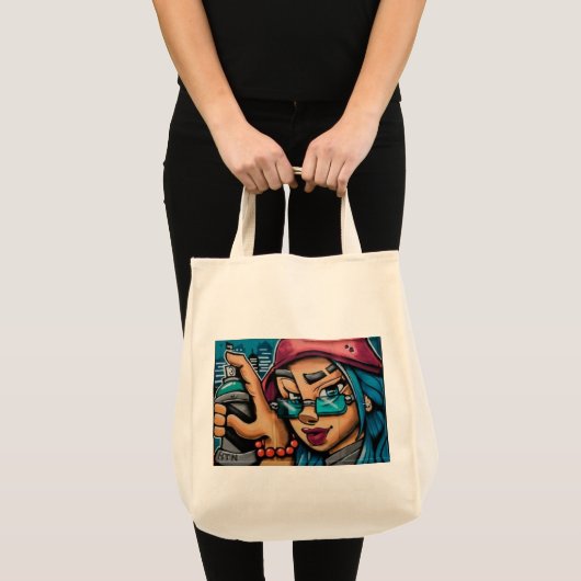 Graffiti, Mädchen, farbenfroh, rot, blau, lebhaft, Tragetasche (Vorderseite (Produkt))