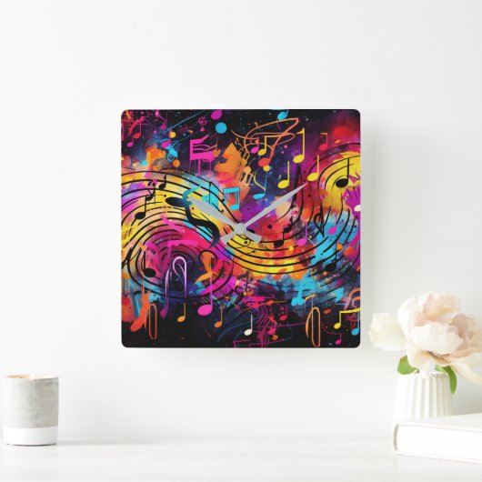 Graffiti Musical Notes Wall Clock Quadratische Wanduhr (Zuhause)