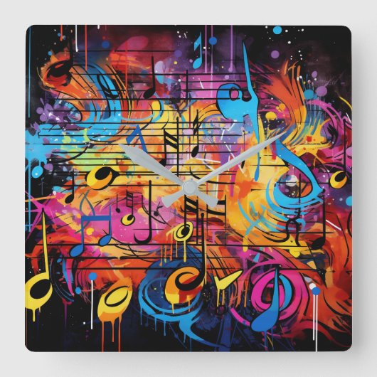 Graffiti Musical Notes Wall Clock Quadratische Wanduhr (Vorderseite)