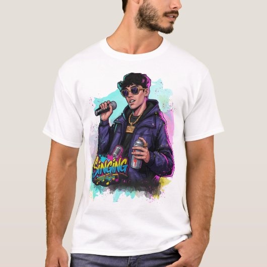 Graffiti Pop Sängerin mit Mic & Spray Can T-Shirt (Vorderseite)