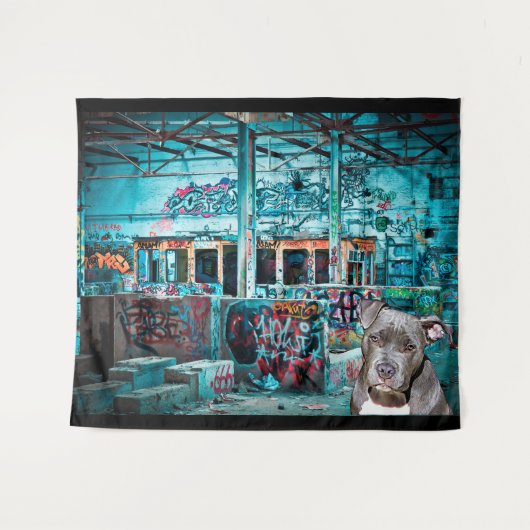 Graffiti-Straßen-Kunst-PitBull verlassenes Gebäude Wandteppich (Vorderseite (Horizontal))