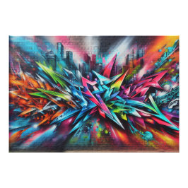 Graffiti Streetart auf Ziegelwand mit Skyline  Fotodruck