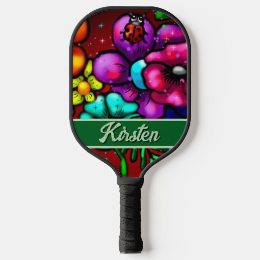 Graffiti Style Flowers & Ladybug Personalized Pickleball Schläger (Vorderseite)