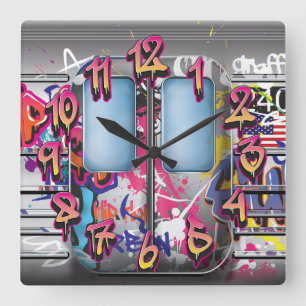 Graffiti-Untergrundbahn Quadratische Wanduhr