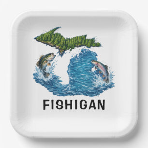 Grafik zum Bundesstaat Michigan mit Fisch Pappteller