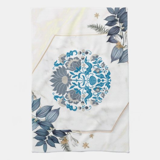 Grafikarbeit, Aquamariner Mandala-Blumenrahmen Geschirrtuch (Vertikal)