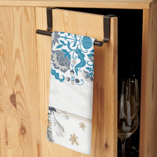 Grafikarbeit, Aquamariner Mandala-Blumenrahmen Geschirrtuch (Drittel gefaltet)