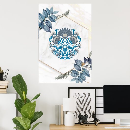 Grafikkunst, Aquamarine Blumenschrift Mandala Illu Poster (Heimbüro)