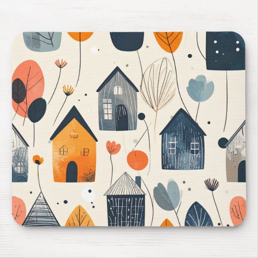 Grafiklandschaft mit Häusern und Blumen Mousepad (Vorne)