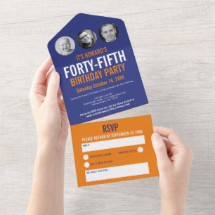 Grafisch-orangefarbenes Foto 45. Geburtstag All In One Einladung