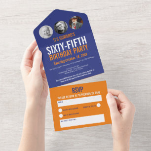 Grafisch-orangefarbenes Foto rund um den 65. Gebur All In One Einladung