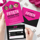 Grafisch-rosa schwarze Foto umkreist 50. Geburtsta All In One Einladung