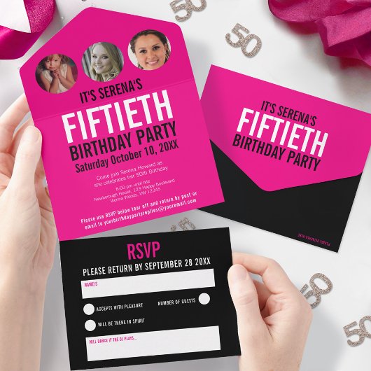 Grafisch-rosa schwarze Foto umkreist 50. Geburtsta All In One Einladung