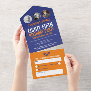 Grafische blaue orangefarbene Fotokreise 85. Gebur All In One Einladung