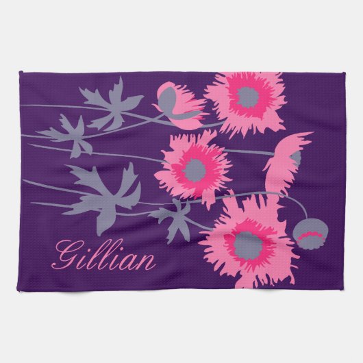 Grafische Mohnblüten in Grau-Rosa und lila Geschirrtuch (Horizontal)