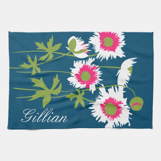 Grafische Mohnblüten in weißem, rosa, grünem Blau Geschirrtuch (Horizontal)