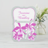 Grafische Orchideenhochzeit lila-grün einladen Einladung (Stehend Vorderseite)