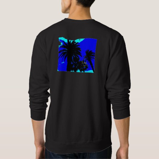 Grafische Palmen auf blauem, unisex Sweatshirt. Sweatshirt (Rückseite)