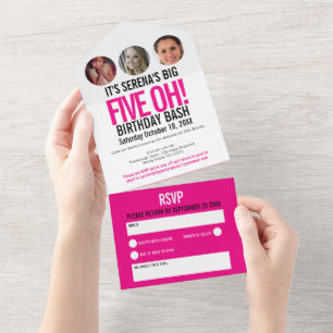 Grafische rosa schwarze Fotokreise 50. Geburtstag All In One Einladung