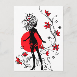 Grafische Silhouette einer Frau auf floralem Hinte Postkarte