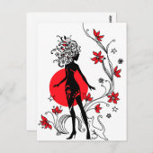 Grafische Silhouette einer Frau im Blumenhintergru Postkarte (Vorne/Hinten)
