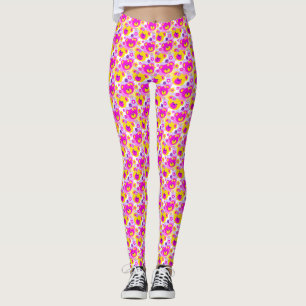 Grafischer Teddybär rosa gelbe violette Leggings