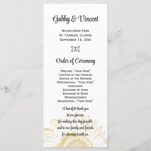 Grafisches Hochzeitsprogramm für Gelbe Sonnenblume Programm (Vorderseite)