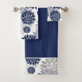 Grafisches Muster der Navy Blue Gray Blume Badhandtuch Set