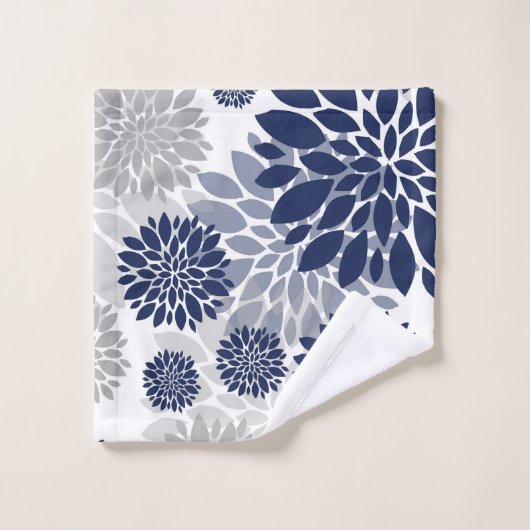 Grafisches Muster der Navy Blue Gray Blume Badhandtuch Set (Waschlappen)