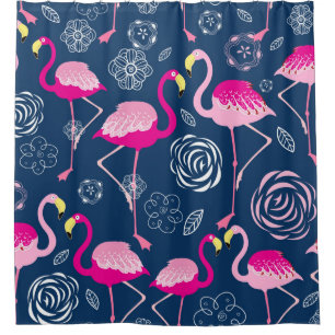 Grafisches Muster rosa Flamingos auf dunkelblau b Duschvorhang