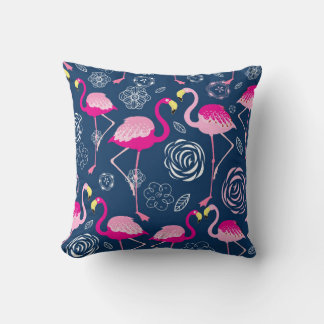 Grafisches Muster rosa Flamingos auf dunkelblau b Kissen