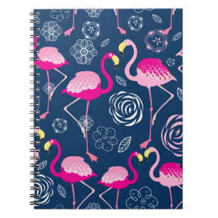Grafisches Muster rosa Flamingos auf dunkelblau b Notizblock