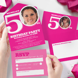 Grafisches rosa Foto im 0. 50. Geburtstag All In One Einladung