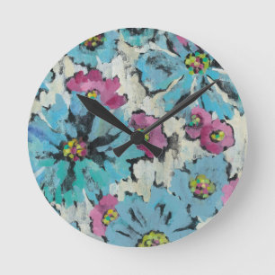 Grafisches rosa und blaues Blumen Runde Wanduhr