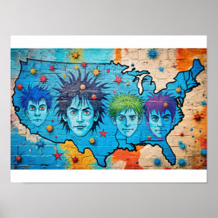 Grafitti Watercolor USA Karte Poster