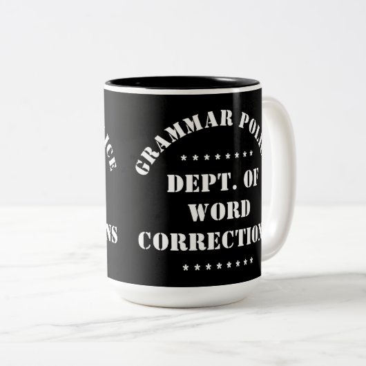Grammatikpolizei Spaß Weißer Text Zweifarbige Tasse (VorderseiteRechts)